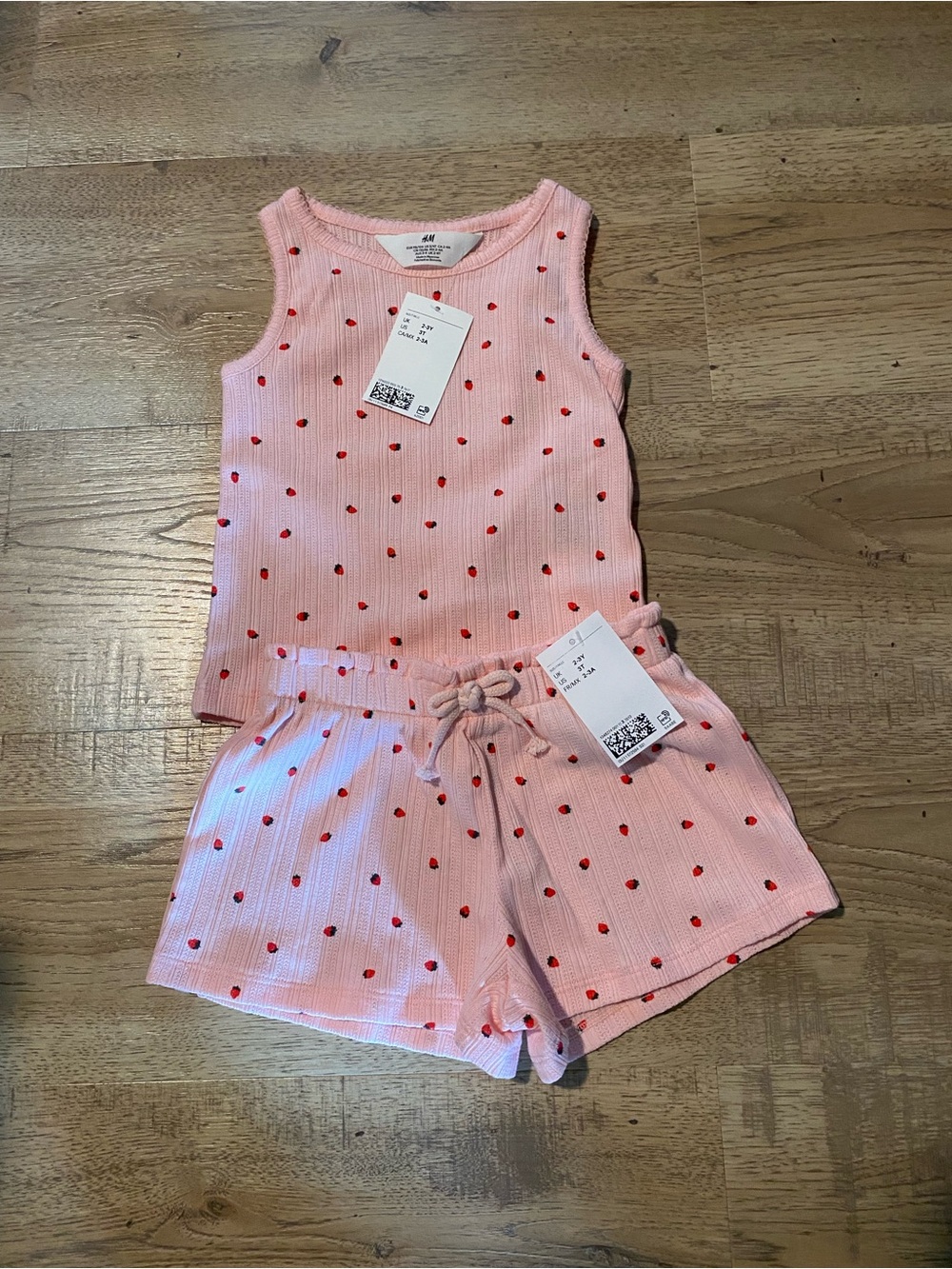 NWT H&M Pointelle Jersey Tank Top and Shorts Set Pink Strawberry Print